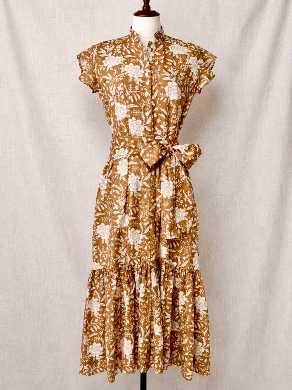 Darlington Isle Ginger Floral Cotton Maxi Dress Brown Cream Belted Size XS